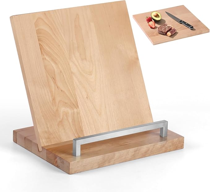 Cookbook Stand with Removable Cutting Board – Adjustable Recipe Book Holder, Charcuterie Board & Kitchen Serving Tray, Kitchen Counte Decor/Maple Wood/Silver