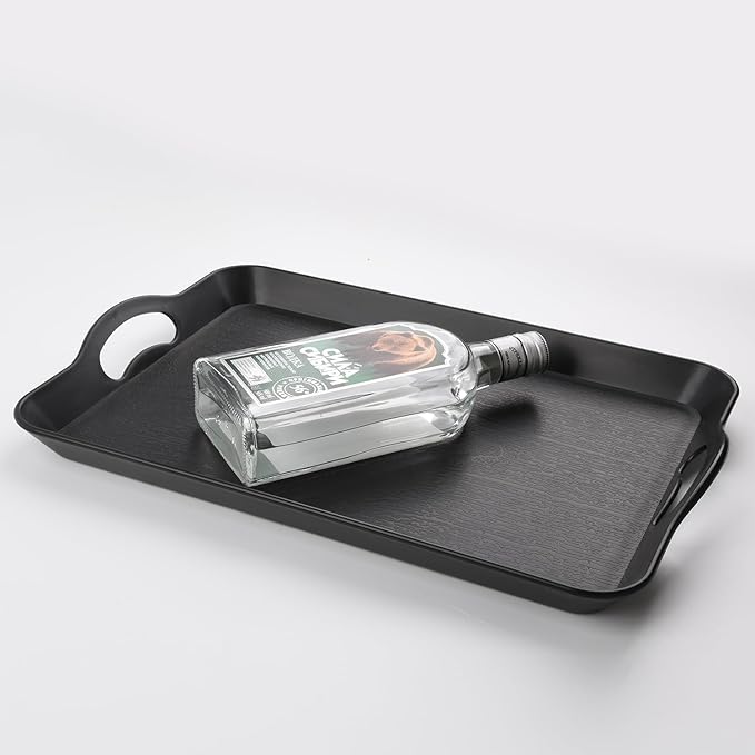Black Serving Trays with Handles, 16 x 11 inch Rectangular Non Skid Multi-Purpose Plastic OttomanTray for Restaurant, Parties, Coffee Table, Kitchen