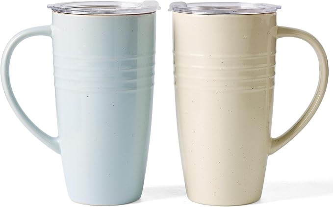 famiware Jupiter Large Coffee Mug, 20oz Coffee Mug with Lid, Ceramic Mugs Set of 2, Cup Set with Handle for Latte, Tea, Cocoa, Milk, Microwave and Dishwasher Safe,Light Blue and Vanilla White