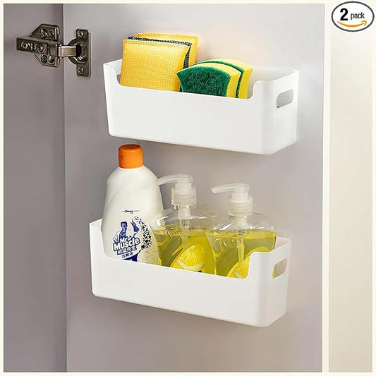 2 Pack Cabinet Organizer Storage, Adhesive Over Cabinet Door Organizer, No Drilling Space Saver Plastic Storage Containers Multi-Use for Kitchen Bathroom Office Bedroom, White