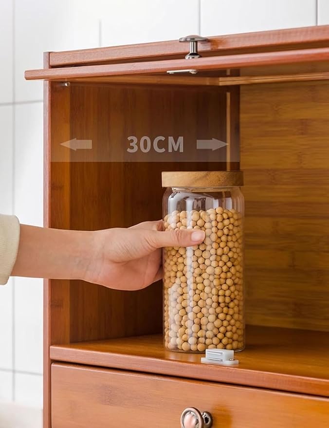 Bamboo Storage Cabinet with Drawers for Kitchen Countertop, Freestanding Pantry Clear Acrylic Flip-Up Door Organizer(42cm)