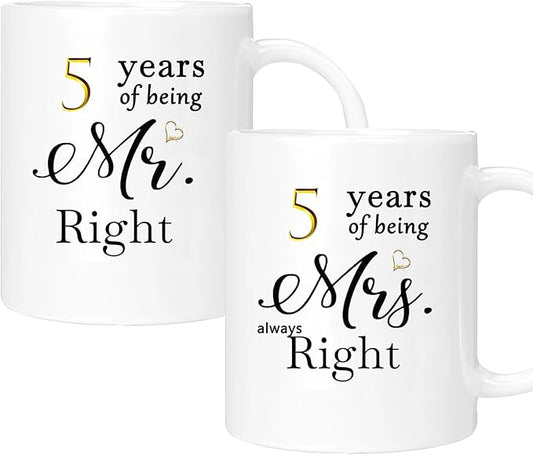 5th Anniversary Coffee Mugs Set of 2, 5 Year Anniversary Wedding Gifts Decorations for Couple Parents Men Women Husband Wife Him Her, Gift Box Packaging, 11oz