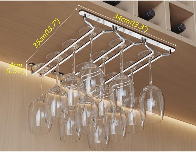 CAKERS Under Cabinet Hanging Stemware Display Rack|304 Stainless Steel Wine Glass Holder|Wine Glass Storage Organizer Hanger,3 Rows,35cm(13.7in)