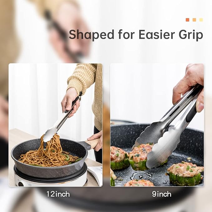 9 & 12 Inch Kitchen Tongs, Stainless Steel Metal Tongs Cooking Tongs, for Cooking Barbecue, BBQ Grilling, Buffet Serving (9"+12") | For Cooking/Serving/Grilling | Heat-Resistant | Dishwasher Safe