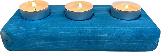 Wooden 3 Tea Light Candle Holder, 8 Inches (Blue, Rounded Brick)