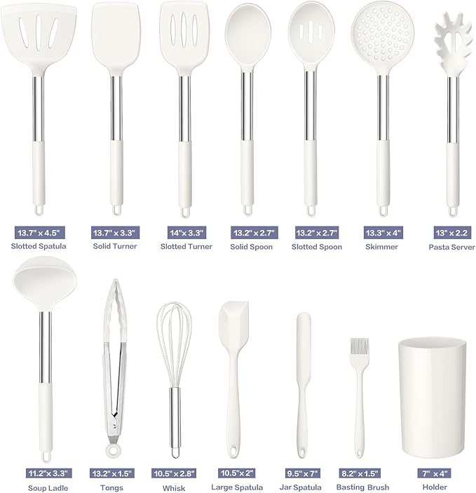 TeamFar Cooking Utensils Set, 14 PCS Silicone Kitchen Utensils with Stainless Steel Handle, Soup Ladle Spatula Spoon Turner for Nonstick Cookware, Healthy & Heatproof, Nonstick & Easy Clean, White