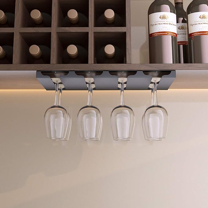 Wine Glass Holder Under Shelf or Cabinet, Stainless Steel 16.5 Inch Stemware Rack, Glassware Drying Hanger, Metal Hanging Organizer for Bar Restaurant, Matte Black, 4 Row