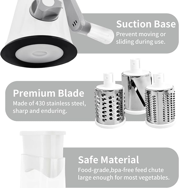 Rotary Cheese Grater, Manual Cheese Shredder with 3 Interchangeable Blades, Cheese Grater Hand Crank with Strong Suction Base, Easy to Use and Clean, White