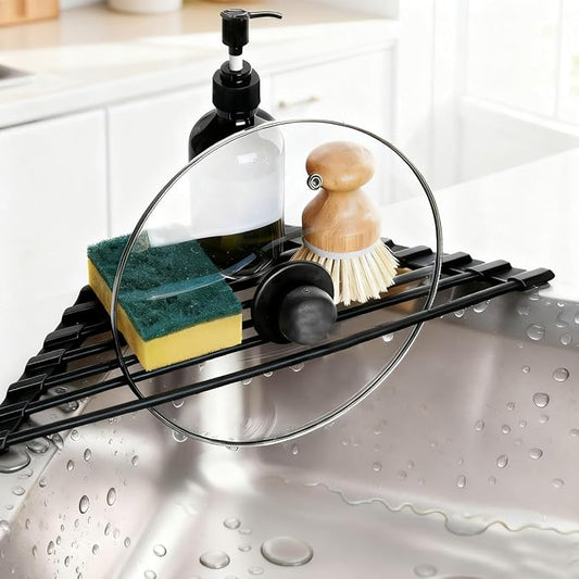 Credon Triangle Roll Up Dish Drying Rack Over The Sink, Triangular Sink Rack, Sink Corner Foldable Silicone Coated Stainless, Anti-Slip Organizer for Kitchen, Heat-Resistant, Non-Slip (Black)