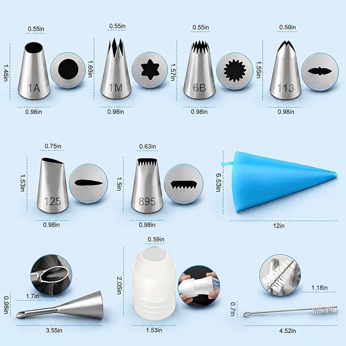 10 Pcs Reusable Silicone Piping Bags and Tips Set, Stainless Steel Icing Nozzles with Coupler & Cleaner Brush, Dishwasher Safe Cake Cupcake Cookie Decorating Kit, Home Bakers & Chefs