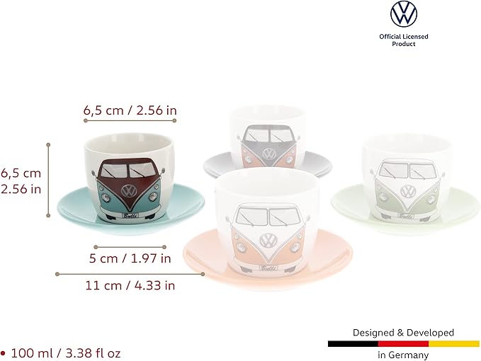 BRISA VW Collection - Volkswagen Espresso Cups Coffee-Tea-Cappuccino Set in T1 Bus Campervan Design (Bus Front/100ml/3.4 fl oz) (Set of 4 (red/black, petrol/brown, orange, green))