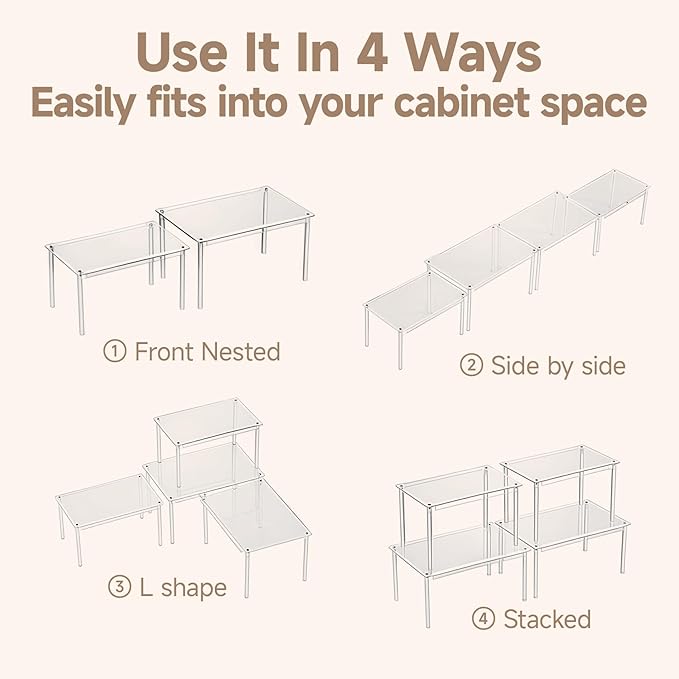 Clear Kitchen Cabinet Organizer, Set of 2 Stackable Spice Rack, Acrylic Shelves for Pantry Organizers and Storage, Tiered Spice Organization for Cabinet, Shelf Organizer for Desk Countertop
