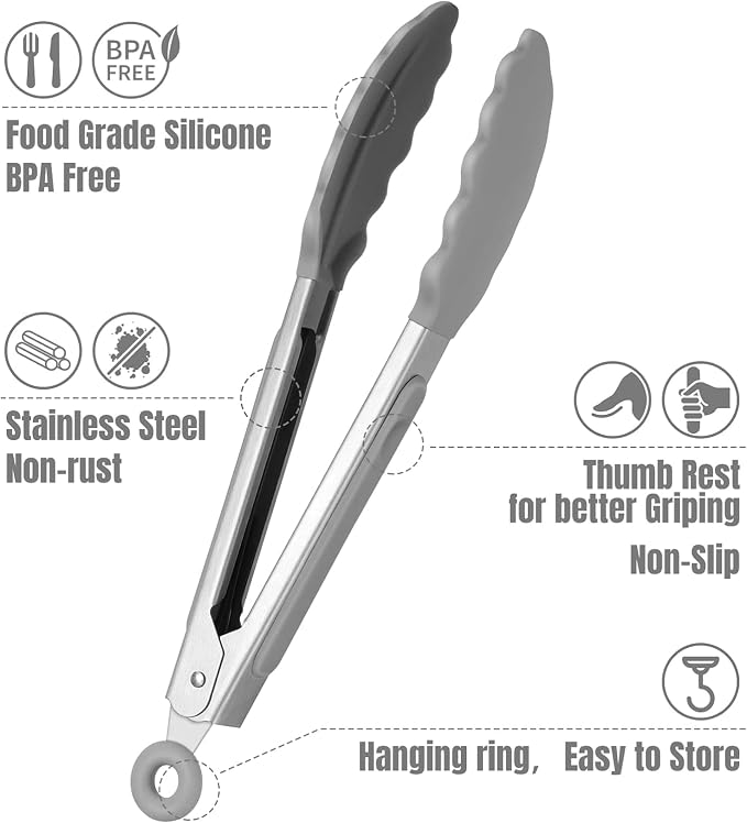 Hotec Mini Silicone Kitchen Tongs for Cooking - 7-Inch Small Serving Tongs with Silicone Tips, Set of 3 (Grey)