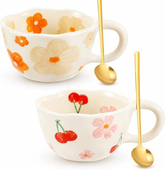 Vesici 2 Pcs Ceramic Coffee Mugs with Spoon, Vintage Floral Spring Mugs with Handle, 8.5 oz Aesthetic Flower Porcelain Tea Cup Set, Dishwasher & Microwave Safe Mothers Day Gifts for Mom(Fresh)