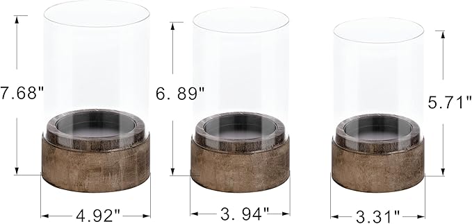 Set of 3 Glass Hurricane Candle Holders for Pillars with Vintage Natural Solid Wooden Bases, Farmhouse Candle Holder, Candle Stand, Candlestick Holders, Centerpiece for Home, Table, Wedding