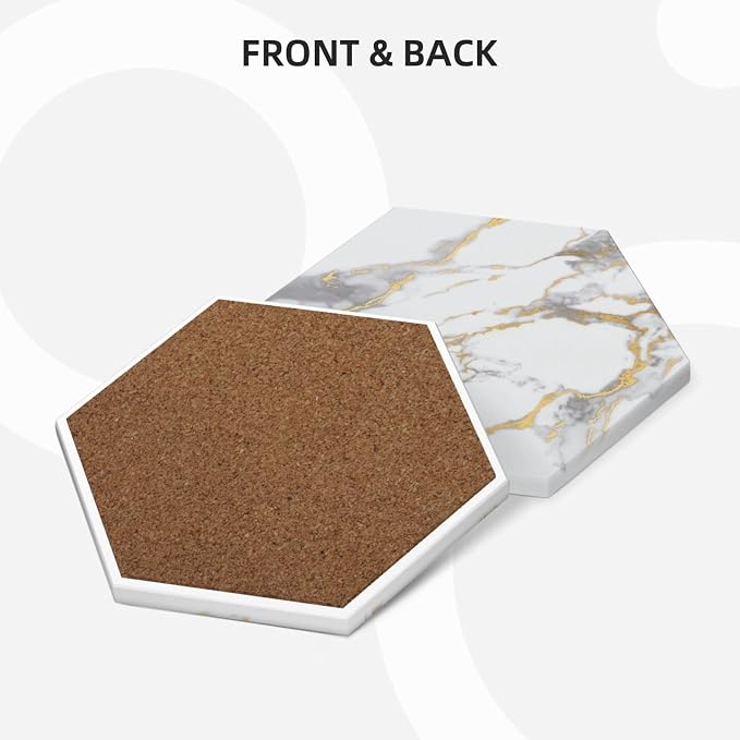 White Gold Marble Set of 6 Drinks Ceramic Coasters with Holder Funny Absorbent Cup Coasters with Cork Desk Table Protection Coffee Table Decor