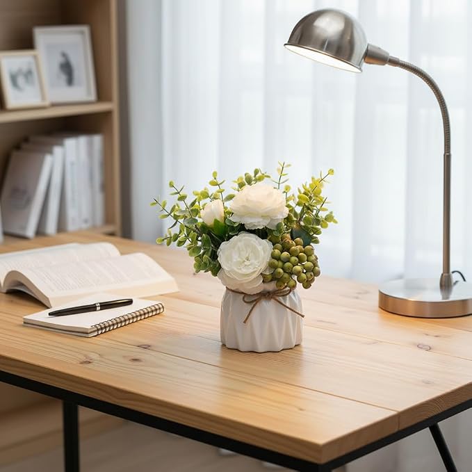 LADADA White Artificial Flowers with White Vase for Table Centerpiece Home Decor