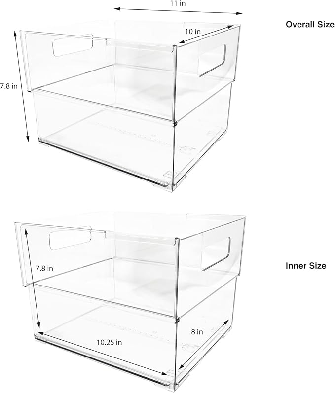 Isaac Jacobs 2-Pack Clear Expandable Storage Bins - Extra Large, 11"-19" L x 10" W x 7.8" H, Plastic Organizer with Cut-Out Handles, Adjustable Length from 11-19" Home, Kitchen & Office