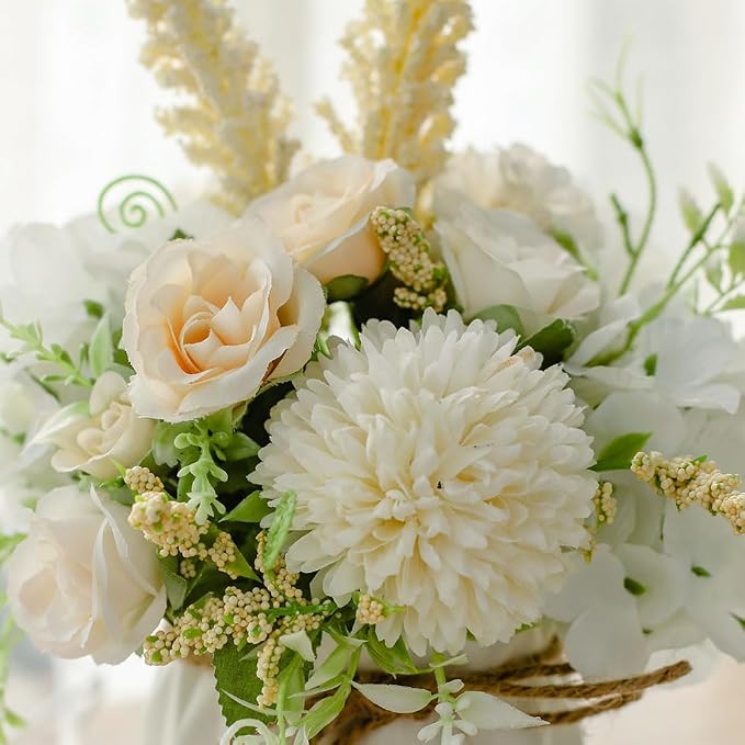TKAS Artificial Faux Silk Fake Flowers Arrangement, Small Realistic Roses & Hydrangea in Ceramic Vase, Dining Table Centerpiece for Wedding Party Home Decoration (White)