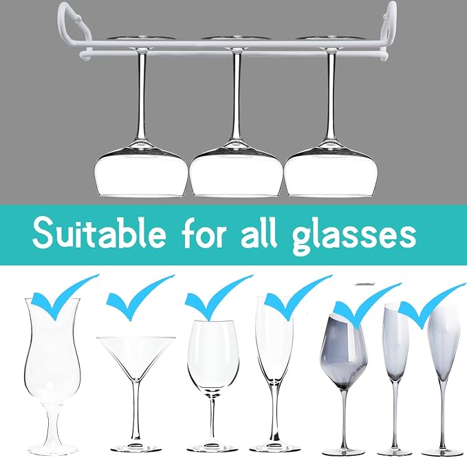 set 2 White Wine Glass Rack Under Cabinet Shelf 10 Inch Stemware Storage Hanging Hanger Organizer Glasses Holder with Drying Under Counter Metal for Kitchen and Bar