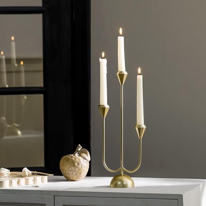 NIKKY HOME Gold Candelabra Candle Holders Centerpieces for Tables, 3 Arm Modern Elegant Metal Taper Candlesticks Stand Fireplace Mantle Decor