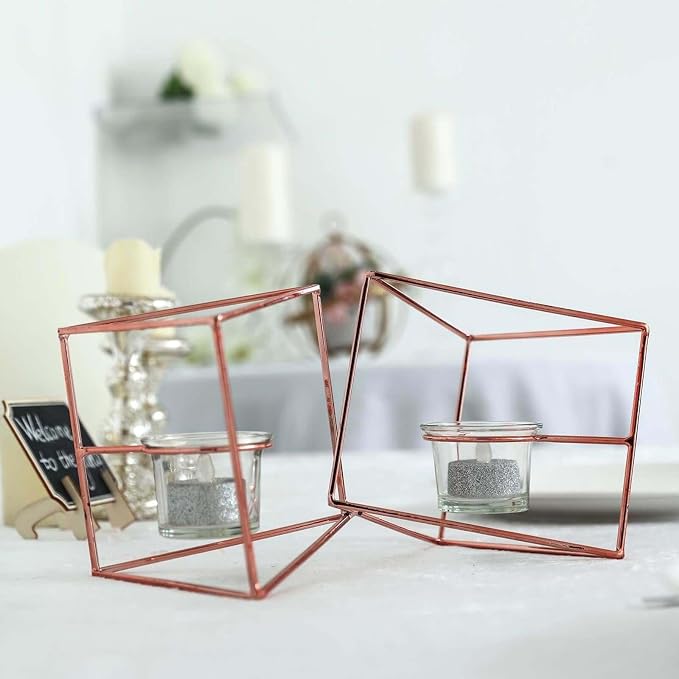 Efavormart 9" Rose Gold Geometric Candle Holder Set 2 Metal Geometric Centerpieces Joint Together