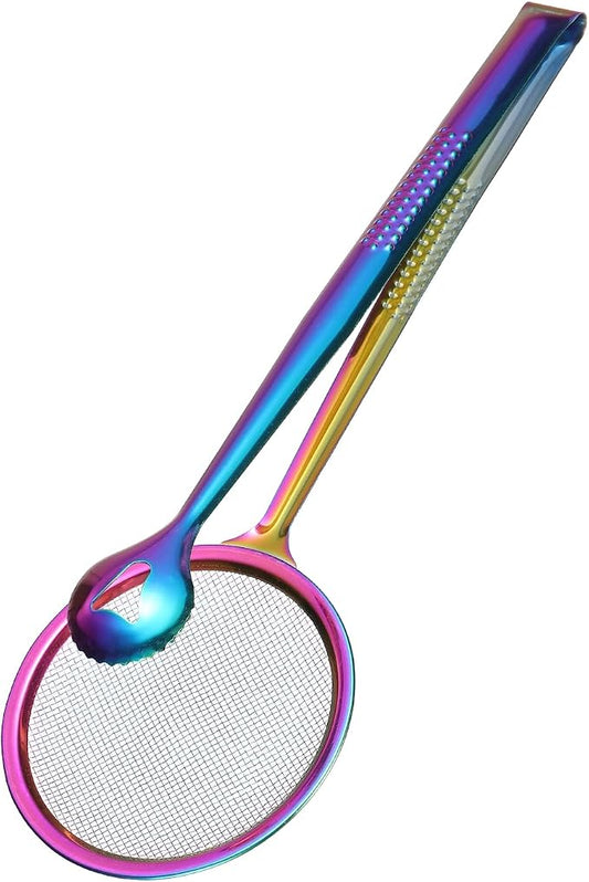 uxcell Stainless Steel Strainer Tongs, 11.2" Multi-Functional Food Strainer with Clip Fine Mesh Oil Filter Skimmer Hot Pot Clips for Kitchen Tool Restaurant Frying Cooking, Colorful