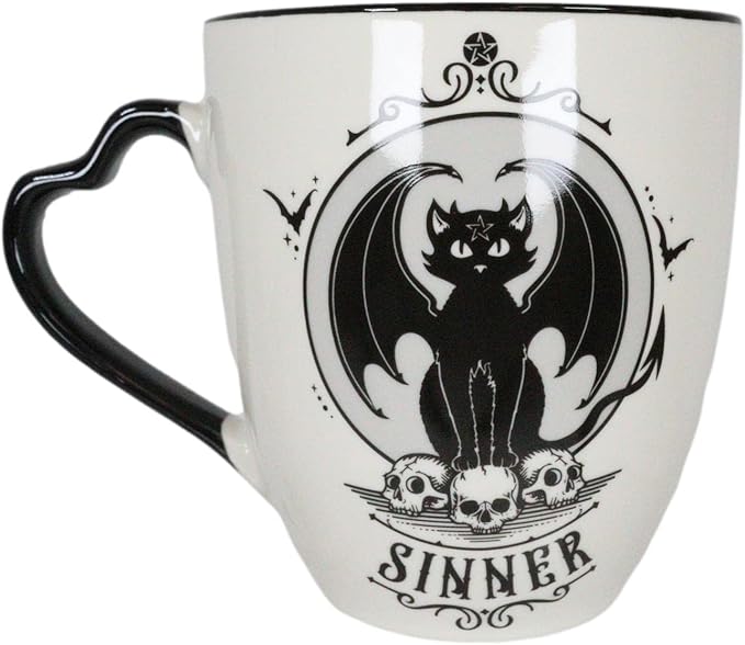 Ebros Gift Set Of 2 Gothic Wicca Saint Or Sinner Feline Cats Witching Hour Double Walled Bone China Porcelain Coffee Mugs Tea Drink Cups Alchemy Magic Occult Serveware Drinkware