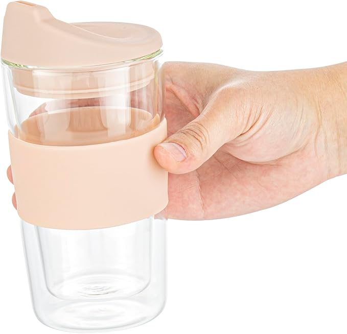 Restaurantware Glass Travel Mug 1 Count 12 Ounce Double Wall Borosilicate Reusable Coffee Cup, Spill-Resistant Tan Silicone Lid, Clear Drinkware Mug for Hot and Cold Beverages