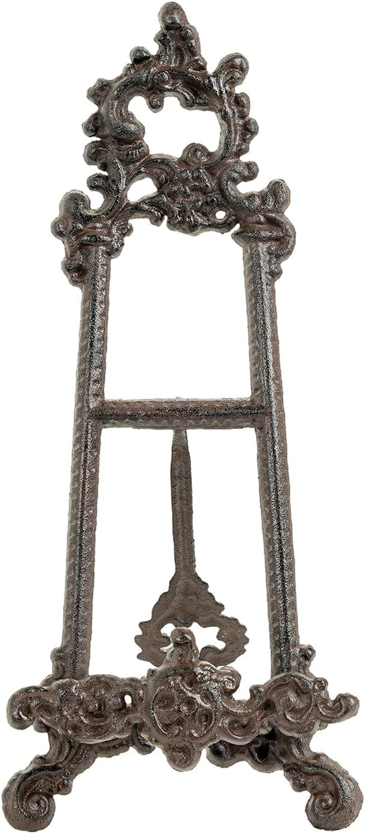 Sungmor Vintage Cast Iron Cookbook Stand, Small Ornate Easel Fleur De Lis Stand, 15.5" Tall Antique Brown Table Top Display Holder for Recipe Book, Picture Frame, Plate, Home Kitchen Decor
