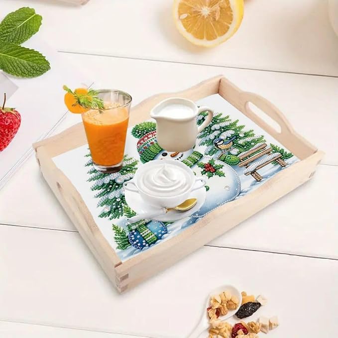 DIY Diamond Serving Tray Rectangular Breakfast Tray with Handle Handmade Diamond Art Painting Wooden Tray for Dinner Plate Coffee Room Living Home Organizer-Snowman