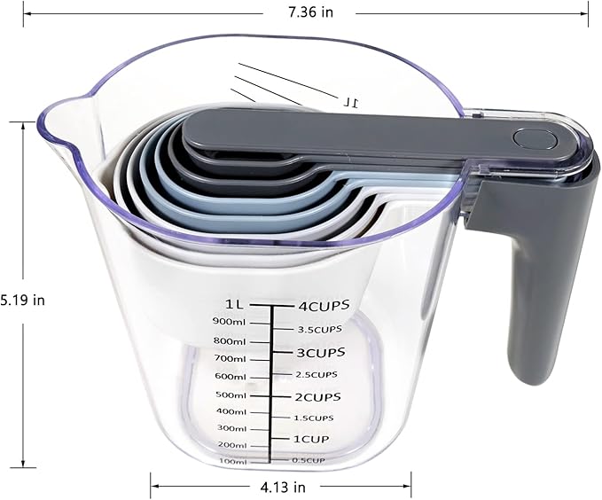 11 Pieces Measuring Cups and Spoons set, Includes 10 Stackable Measuring Cup with Lid and 1 Adjustable Measuring Spoon for Liquid and Dry, Kitchen Cooking & Baking, Blue