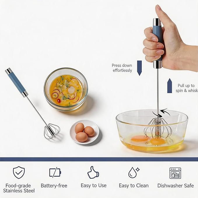 2 Pack Semi Automatic Whisk, Stainless Steel Mini Hand Push Whisks for Cooking, Easy to Use Hand Mixer Egg Beater Wisking Tool for Cooking, Whisking, Beating, Stirring