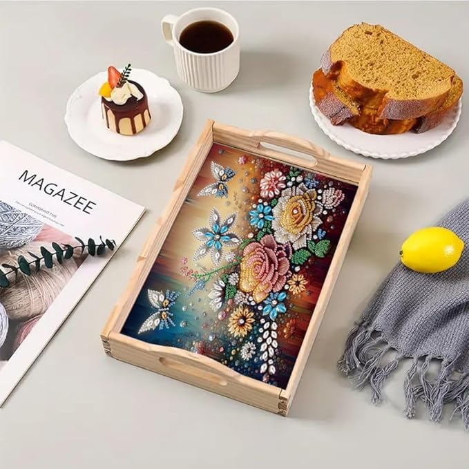 DIY Diamond Serving Tray Diamond Art Painting Creative Design Handmade Wooden Tray Dinner Plate for Coffee Breakfast Home Organizer-Butterfly Flower01