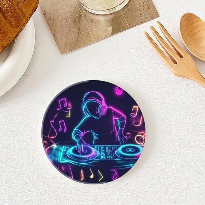 Round Ceramic Stone Cork Drink Coasters, Neon Dj Playing Music on Turntable Absorbent Removable Non-Slip Cup Mat Place for Kitchen Counter Drinks Coffee Cup Tableware Set of 1 (4 * 4 Inch)