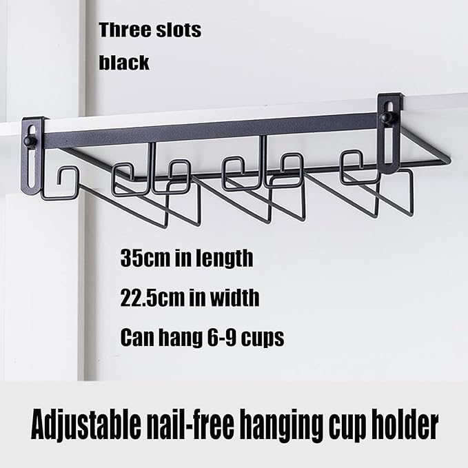 Hanging Wine Glass Rack Black Adjustable, Solid Iron Wine Glasses Hanger, Metal Under Cabinet Stemware Rack 3 Rows, 4 Rows, Convenient Storage And Space-saving