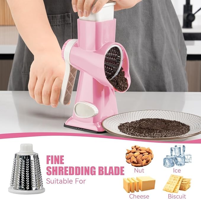 KEOUKE Rotary Cheese Grater Pro 6 in 1 - Shredder Crinkle Slicer Grinder Ice Shaver, Stable Suction, Time-saving Easy Use & Clean, Safe Morden Kitchen Tool for Cheese, Vegetable, Nuts, Chocolate