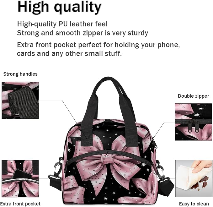 Pink Bow Pattern Insulated Lunch Bag for Women Men Reusable Lunch Box Cooler Bag Large Leakproof Lunch Tote with Adjustable Shoulder Strap for Adult Work Picnic Camping Beach Office