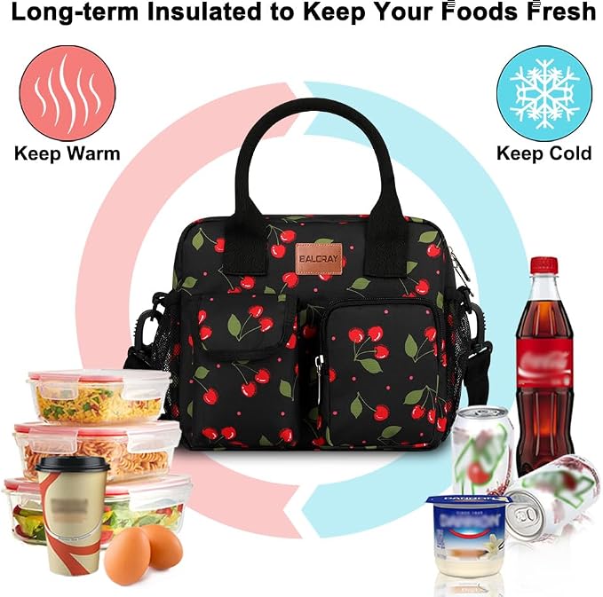 BALORAY Lunch Bag for Women Men Insulated Lunch Box for Adult Reusable Lunch Tote Bag for Work, Picnic or Travel (Cherry with strap,L)