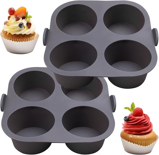 2 Pcs Silicone Muffin Tray for Air Fryer, 8-Cups Nonstick Muffin Pans with Carrying Handle, Silicone Cake Pans for Baking Cupcakes Pudding Dessert Quiches Tart, Grey