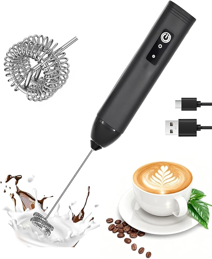 Milk Frother Handheld Rechargeable – Electric Matcha Whisk & Drink Mixer, Foam Maker for Latte, Cappuccino, Bulletproof Coffee, Portable Stainless Steel Frother for Home, Office & Travel. (Black)