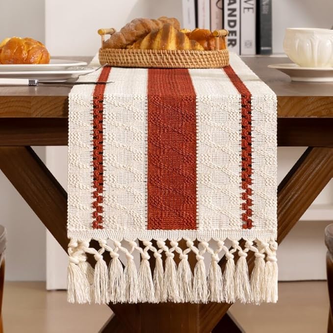 Boho Woven Cotton Linen Table Runner Terracotta & Ivory 11"x48" with Tassels Rustic Macrame Farmhouse Table Runner for Summer Dining Room Wedding Kitchen Party