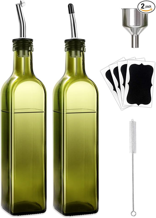 Leaflai 2 Pcs Green Glass Olive Oil Dispenser and Vinegar Dispenser Set with 2 Stainless Steel Pourers, 4 Labels, 1 Brush, 1 Funnel (500ml) for Kitchen, Cooking, Salad Dressing, Barbecue, Mixing