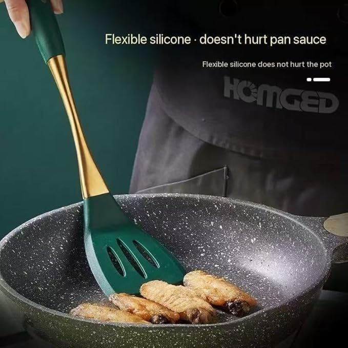 8-Piece Silicone Kitchen Utensil Set, White and Gold, Heat Resistant Cooking Tools with Comfort Handles- Includes Spatula & Spoon for Nonstick Cookware (Green & Gold)