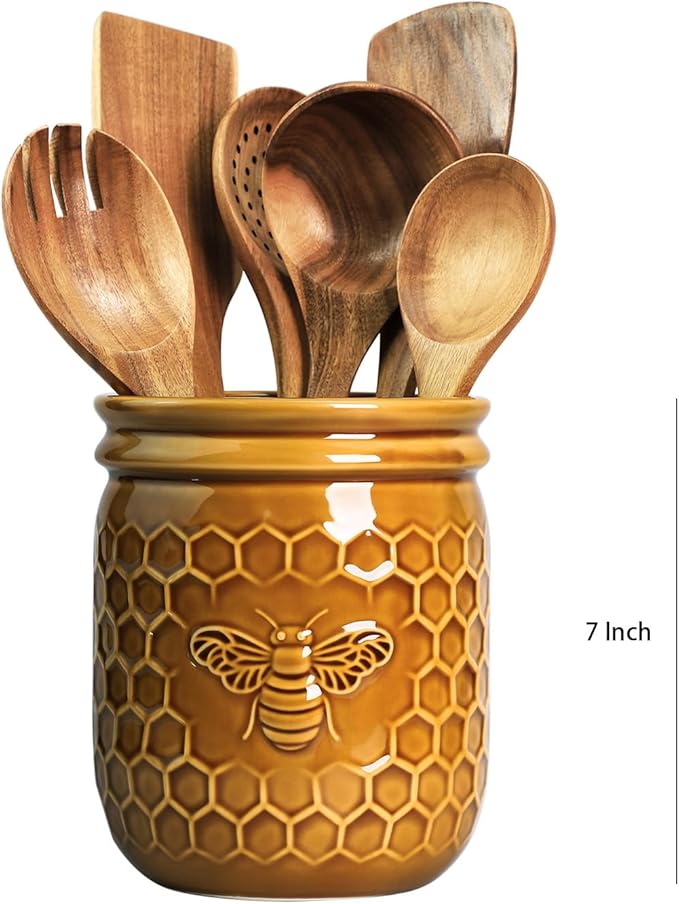 Retro Honeycomb and Bee Embossed Ceramic Kitchen Utensil Holder, Large Cooking Utensil Crocks for Kitchen Countertop, Ceramic Utensil Organizer for Spatula, Kitchen, Home Decoration