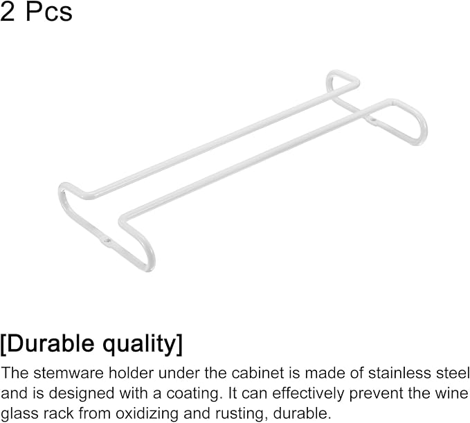 uxcell Wine Glass Rack Under Cabinet, 2Pcs 10-Inch Stemware Wine Glass Hanging Rack Stainless Steel Wine Glass Organizer Storage Hanger for 5mm Stemware Column, White