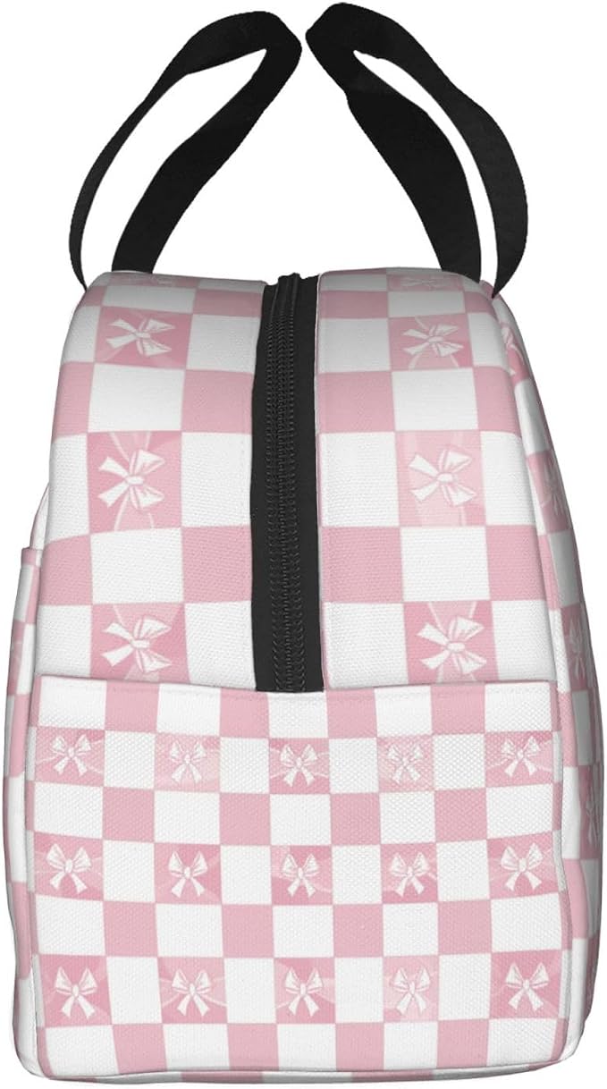 Lunch Bag Pink Check Bow Pattern Insulated Lunch Box Cooler Tote for Adults Student Boys Girls Women Men Work Office School Picnic Beach Reusable Lunchbox Over 3 Years Old
