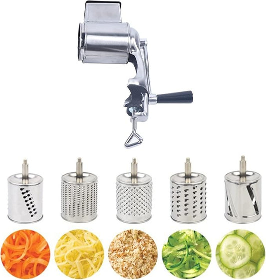 DYNAMI 5 in 1 Stainless Steel Rotary Grater,Kitchen Grater Vegetable Slicer,Cheese Rotary Chopper Food Mills With 5 Stainless Drum,for Home Kitchen Restaurant (Clamping type,Silver)