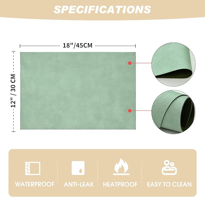 Artoid Mode Sage Faux Leather Placemats Set of 4, 12x18 Inch Waterproof Wipeable Heat Resistant Vinyl Place Mats, Reversible Table Mats for Spring Kitchen Dining Decor