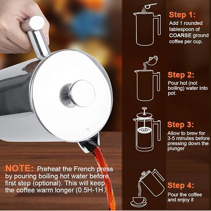 Secura French Press Coffee Maker, 304 Grade Stainless Steel Insulated Coffee Press with 2 Extra Screens, 50oz (1.5 Litre), Silver (Pack of 2)